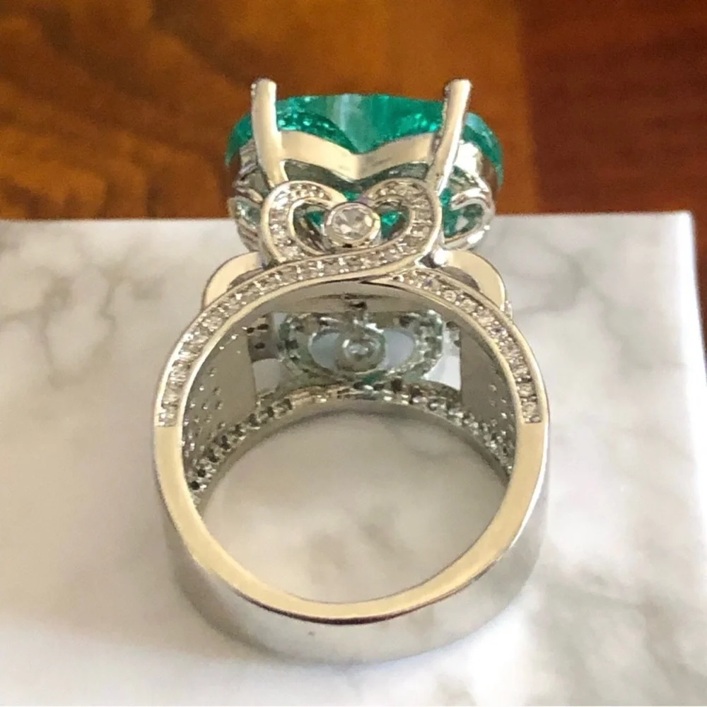 Ladies elegant large paraiba tourmaline emerald heart stone 925 ring 9 NIB